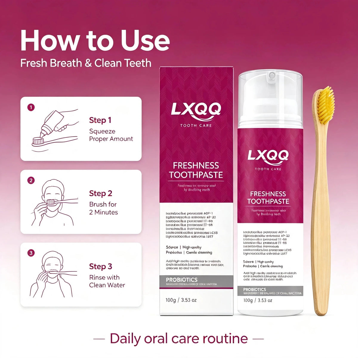 LXQQ Toothpaste,Freshness Probiotic Toothpaste with Bamboo Toothbrush, 100g / 3.53 oz