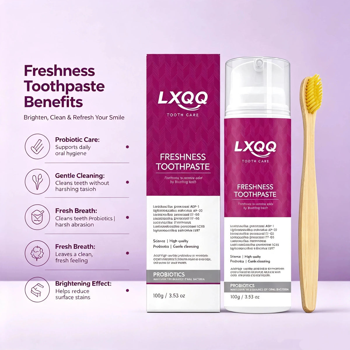 LXQQ Toothpaste,Freshness Probiotic Toothpaste with Bamboo Toothbrush, 100g / 3.53 oz